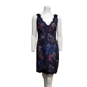 Adrianna Papell Mini Dress Size 4 Black Floral Eyelash Lace Sequin Formal Sheath